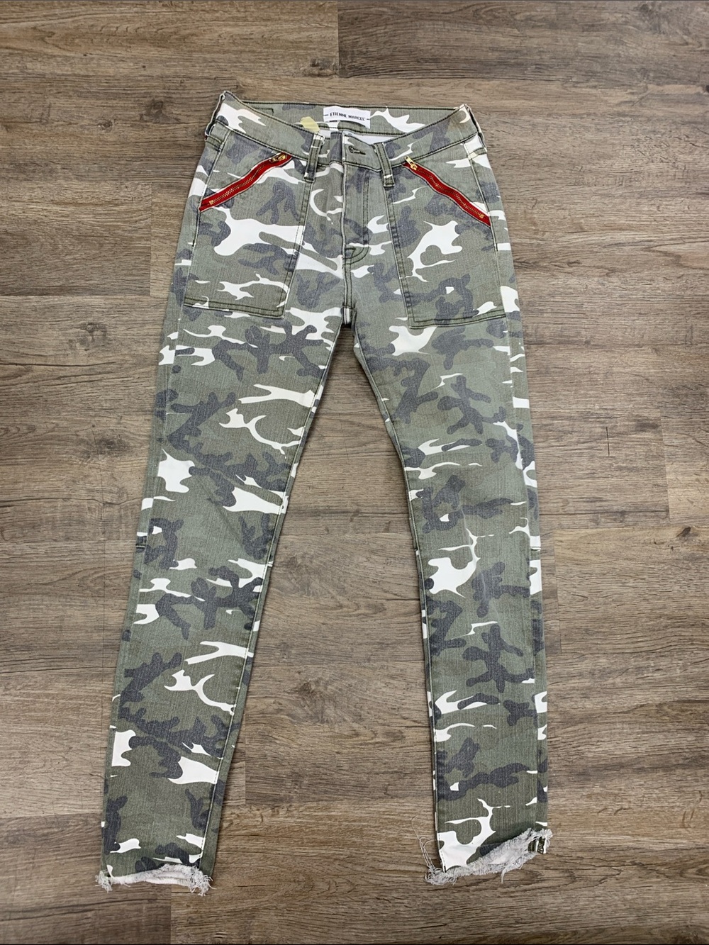 Camo Skinny Utility Jeans with Red Zip Accents - Women